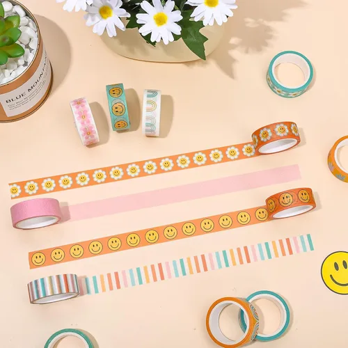 Vista 5 de AnyDesign 12 rollos de cintas Washi Groovy Boho Washi con diseño de cara de sonrisa de arcoíris, cinta adhesiva decorativa colorida para álbumes