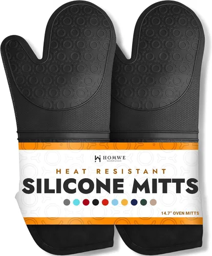 Vista 26 de HOMWE - Manopla de horno profesional y extralarga de silicona, guantes con forro acolchado, agarraderas resistentes al calor, guantes flexibles