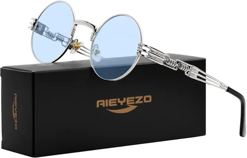Vista 2 de AIEYEZO Gafas de sol redondas Steampunk Circle Lennon Hippie, montura de metal, lente con bloqueo UV 100%