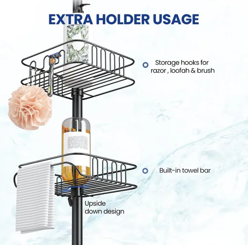 Vista 5 de SEIRIONE Organizador de Ducha y Esquinero a Prueba de Óxido para Baño, Poste de Tensión con 4 Cestas Ajustables para Accesorios de Ducha, 34 a 116