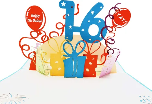 Vista 2 de iGifts And Cards Tarjeta desplegable 3D de cumpleaños de 16 años, regalos coloridos y escena de celebración de globos, divertido saludo