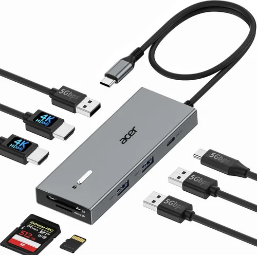 Vista 10 de Acer Estación de acoplamiento USB C con monitor dual con 2 HDMI, estación de acoplamiento para laptop 9 en 1 con HDMI 4K@60Hz, USB A y C 3.0