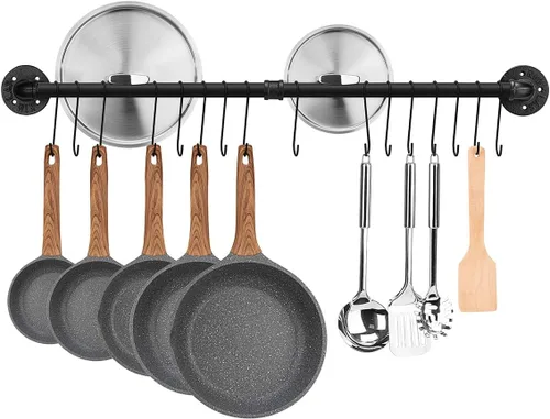 Vista 8 de Toplife Riel de ollas de 23.7 pulgadas, organizador de utensilios de cocina montado en la pared con riel colgante desmontable para sartenes y tapas