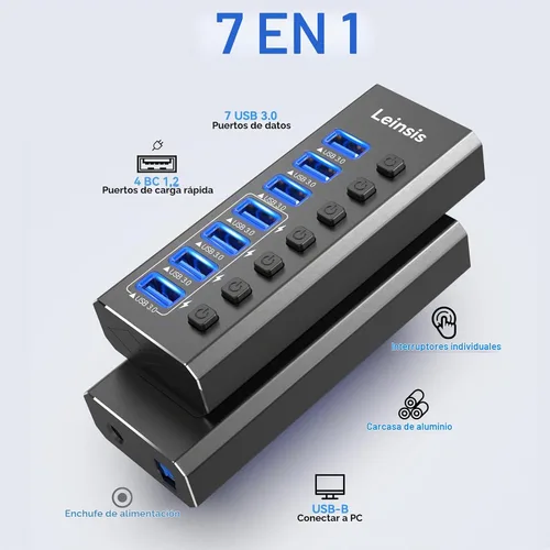 Vista 2 de Hub USB 3.0 alimentado, Leinsis 7 puertos USB 3.0 Hub [aluminio duradero] 7 puertos de transferencia de datos + 4 puertos de carga inteligentes