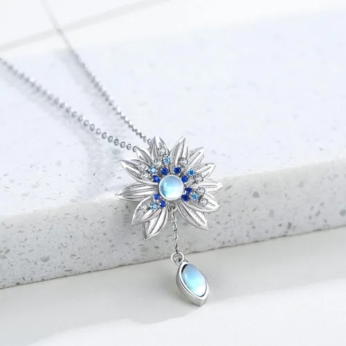 Vista 3 de ECHOOY Collar de piedra lunar de loto, plata de ley S925, colgante de piedra lunar, yoga, flor de loto, regalos para mujeres, niñas y adolescentes