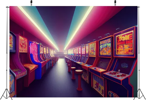Vista 4 de BELECO Telón de fondo de tela para sala de juegos de 5 x 3 pies para fotografía, telón de fondo de juegos retro para decoración de fiestas, consola