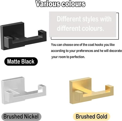 Vista 4 de BOZWELL Ganchos dobles para toallas para baño, montaje en pared de níquel castrado, estilo cuadrado simple y moderno, gancho para bata y abrigo