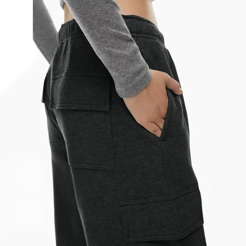 Vista 4 de Pantalones deportivos para mujer, casuales, con forro polar, cintura alta, color sólido, pantalones deportivos con bolsillos