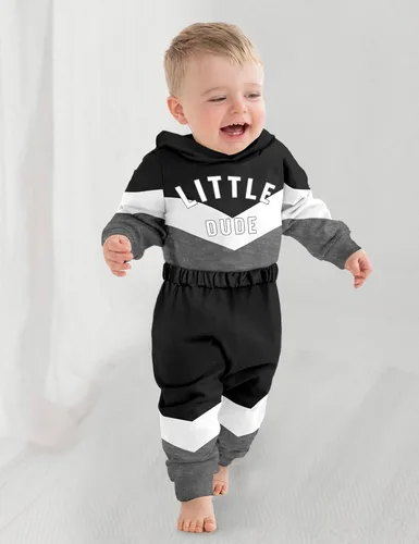 Vista 3 de Ropa para bebé niño, bloque de color, sudadera con capucha de gran tamaño, mameluco, pantalones largos, conjunto de trajes de otoño e invierno