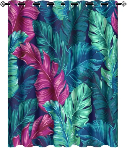 Vista 12 de Cortinas abstractas de hojas tropicales, acuarela tropical, hojas de palma, verano hawaiano, plátano, aislamiento térmico, cortinas completas