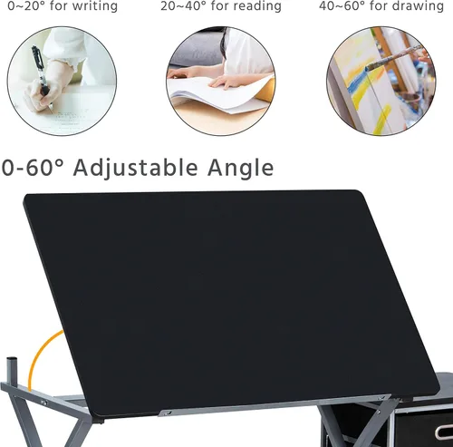 Vista 6 de Yaheetech Escritorio de dibujo, mesa de dibujo para artistas/adultos, escritorio de arte con taburete y 3 cajones deslizantes, estación de trabajo