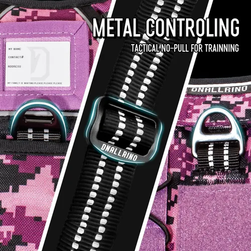 Vista 5 de Arnés táctico para perros medianos y grandes, camuflaje morado, control ajustable sin tirones con asa, chaleco reflectante resistente, talla M