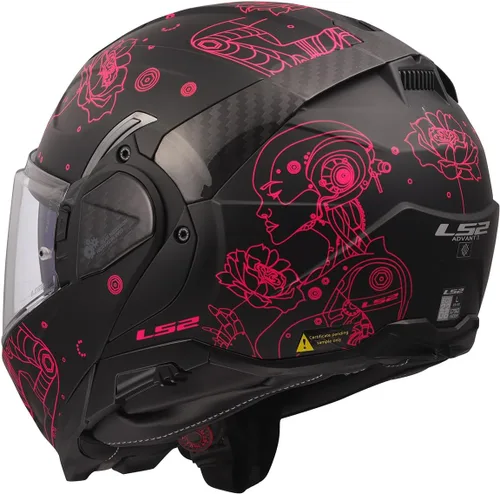 Vista 4 de Cascos LS2 Advant II - Casco modular para motocicleta con protector solar (Negro mate Sophia/Rosa - Talla L)