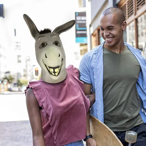 Vista 6 de Demi Sharky Linda máscara de burro para Halloween, disfraz de fiesta de animales, accesorios de cosplay de látex para adultos (burro)