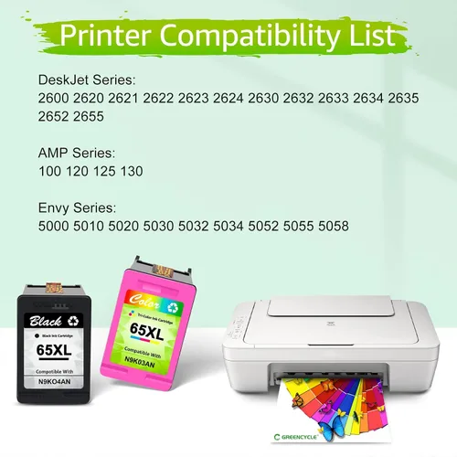 Vista 3 de Cartuchos de tinta 65XL de alto rendimiento remanufacturados de repuesto para HP Ink 65, paquete combinado negro y color compatible con impresora