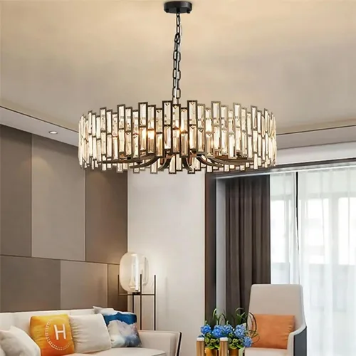 Vista 4 de LOVEDIMA Candelabros de cristal para comedor, moderna lámpara geométrica redonda de 14 luces colgante de techo con cadena ajustable en negro