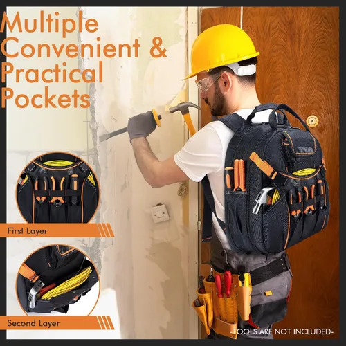 Vista 6 de Mochila de herramientas resistente con 52 bolsillos, bolsa de herramientas para hombres, bolsas impermeables para electricista con compartimento