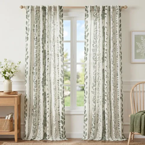 Vista 20 de MEETSKY Cortinas verde salvia de 63 pulgadas de largo, cortinas boho para sala de estar y dormitorio, cortinas semitransparentes de estilo lino