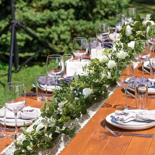 Vista 4 de Geosar - 2 guirnaldas de eucalipto de 6.5 pies con 20 luces LED, flores de rosas Artificial Flower Vines for Wedding Arch Backdrop Table