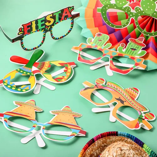 Vista 3 de Meooeck 24 pares de anteojos mexicanos para fiesta cinco de mayo, gafas de papel, Taco, cactus, fiesta, decoración mexicana para fiestas