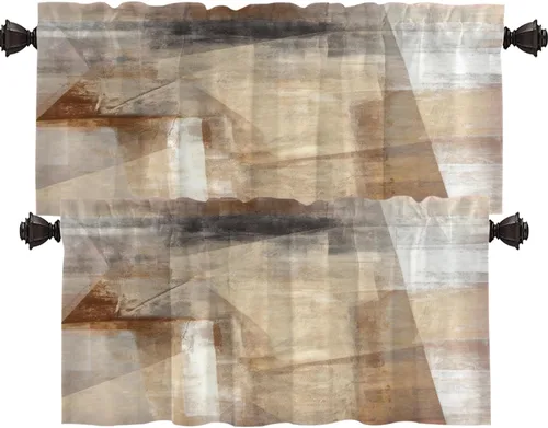 Vista 128 de Shrahala Beige and Orange Abstract Art Brushstrokes Blackout Curtain Tiers, Abstract Oil Paint Kitchen Valance Light Blocking Tier Drapes with Rod