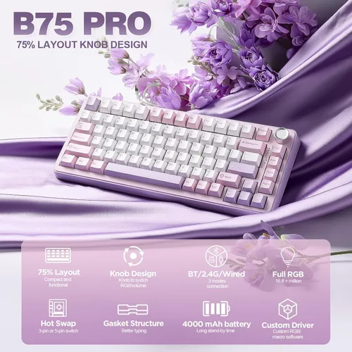 Vista 2 de YUNZII Teclado mecánico inalámbrico B75 PRO, diseño del 75 % con perilla, estructura personalizada de junta de intercambio en caliente