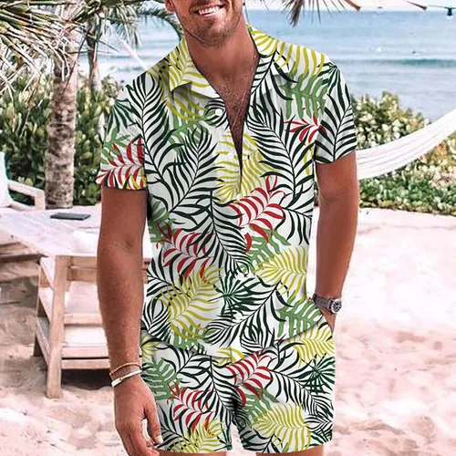 Vista 2 de Conjunto hawaiano de 2 piezas para hombre, trajes casuales de verano, camisa de manga corta con botones y pantalones cortos para vacaciones