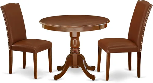 Vista 22 de East West Furniture ANEN3-LWH-06 - Juego de mesa de cocina de 3 piezas contiene una mesa de comedor redonda con pedestal y 2 sillas de comedor