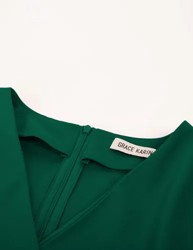 Vista 4 de GRACE KARIN Vestido de negocios de manga corta con cuello en V para mujer, con lazo en la cintura, vestido de cóctel con abertura, vestido midi
