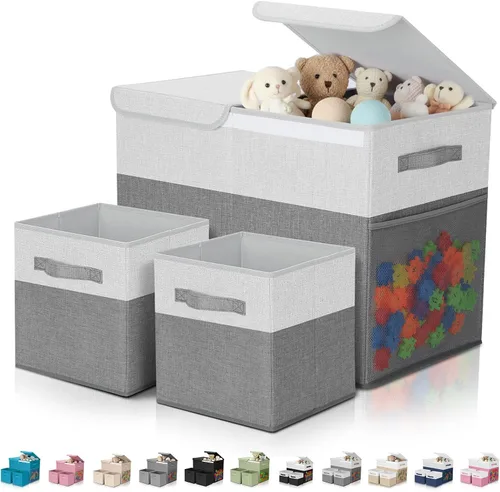 Vista 8 de Paquete de 3 Cajas Grandes de Almacenamiento de Juguetes de 23" con Cubos Contenedores de 11", Organizador Cofre de Juguetes Plegable con Tapas