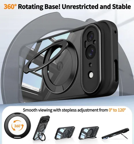 Vista 3 de 【Soporte magnético giratorio de 360°】 Funda para Google Pixel 9 【Compatible con MagSafe y Pixelsnap】 Funda con soporte de anillo 【Cristal Negro
