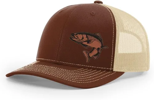 Vista 53 de Sombrero de pesca de trucha con parche de cuero grabado láser Richardson 112 Snapback Trucker Cap