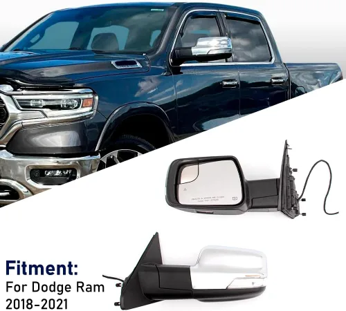 Vista 3 de Para Dodge Ram 2018-2021 - Espejo de puerta con cubierta cromada, plegable eléctrico con luz de señal de giro de memoria, luz de charco, vidrio