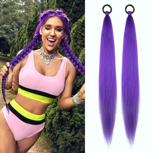 Vista 40 de Paquete de 2 extensiones de cola de caballo trenzada con lazo elástico, lacio, elegante envolvente, extensiones de cola de caballo de 26 pulgadas