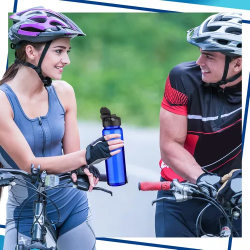 Vista 6 de Mimorou 12 botellas de agua de plástico a granel de 17 onzas, botellas deportivas reutilizables portátiles, paquete con asa para niños, adultos, Azul