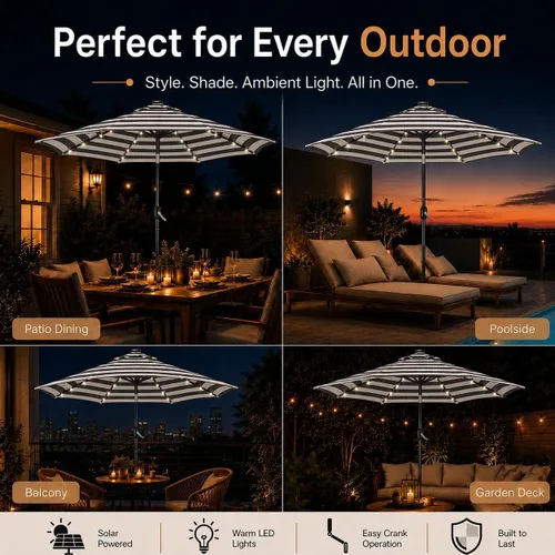 Vista 8 de Yaheetech - Sombrilla solar de patio de 9 pies, sombrilla de mesa con 32 luces LED, 8 varillas/inclinación y sistema de elevación con manivela