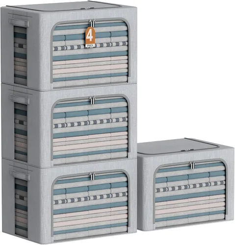 Vista 9 de Paquete de 4 contenedores de almacenamiento de ropa con marco de metal, juego organizador plegable de tela de lino con ventana transparente, asas