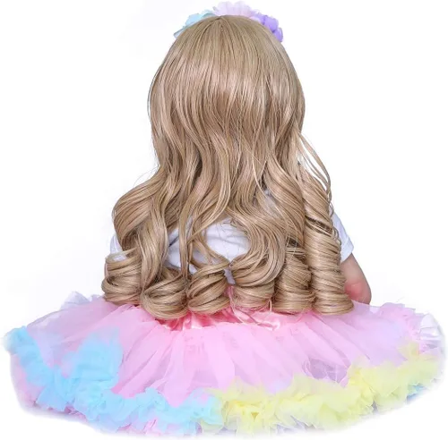 Vista 3 de Muñeca realista Reborn de silicona de 24 pulgadas, muñeca de bebé realista Reborn niña, cabello rubio rizado, ojos azules, cuerpo de tela suave