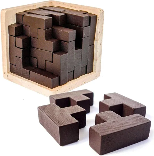 Vista 9 de Rompecabezas de madera para el cerebro de madera, rompecabezas de madera en forma de T, geométrico, intelectual, rompecabezas de cubo de lógica