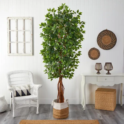 Vista 4 de Nearly Natural Árbol de ficus artificial de lujo de 7.5 pies con cesta de yute y algodón hecha a mano