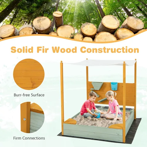 Vista 5 de Costzon Caja de arena para niños con pared de arena, arenero de madera con toldo extraíble, cubo de agua, contenedores de almacenamiento, 2 asientos