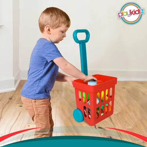 Vista 8 de Playkidz Juego de carrito de compras de juguete, juguetes de plástico para alimentos, juego interactivo, recursos de aprendizaje y diversión