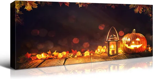 Vista 27 de Denozer - Decoración de pared de calabaza de Halloween, pósteres de regalo, decoración del hogar, arte de pared, imágenes en lienzo HD, estiradas