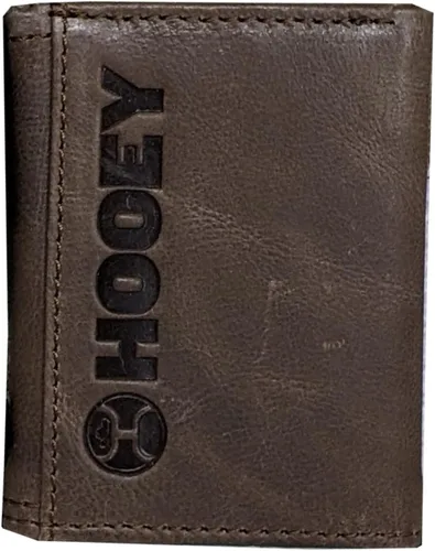 Vista 3 de HOOEY Clásico, liso marrón triple cartera con doble costura marrón borde Logo remache (HTF001-BR)