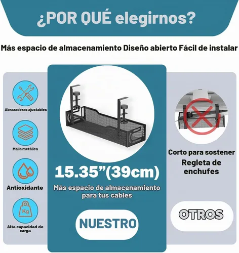 Vista 3 de Bandeja de gestión de cables debajo del escritorio, organizador de cables de malla sin taladro Bandeja de gestión de cables Rack de gestión