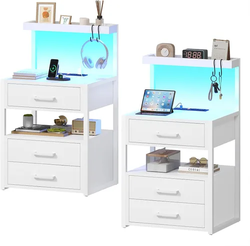 Vista 11 de Mesita de noche con estación de carga y luces LED, mesita de noche LED con 2 puertos USB y 2 salidas de CA, mesa auxiliar moderna con 3 cajones Negro
