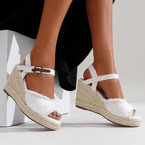 Vista 2 de Vepose Sandalias de cuña 80 alpargatas para mujer, sandalias de plataforma de tacón alto y hebilla de tobillo
