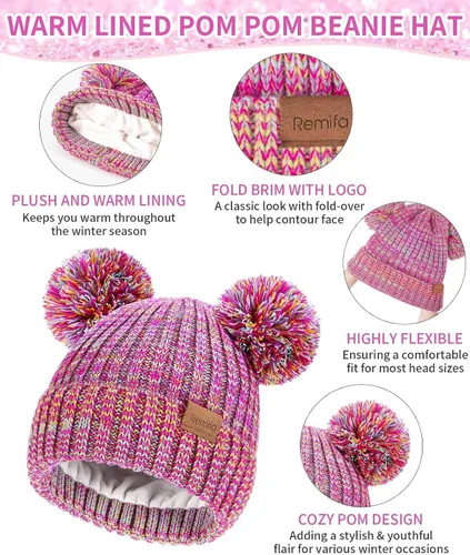 Vista 5 de Remifa Conjunto de bufanda y gorro de invierno para niños y niñas, con forro polar con pompón, bufanda larga, guantes cálidos