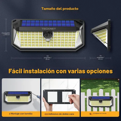 Vista 7 de TECKNET 416 luces LED solares para exteriores, impermeables, ángulo de 300° y 3 modos de iluminación, luces de pared con sensor de movimiento, 2