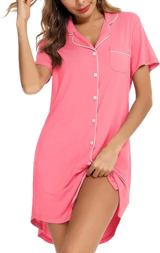 Vista 6 de Samring Camisón de pijama para mujer, manga corta/larga, con botones, camisón para dormir, camisón para novio, talla XXL